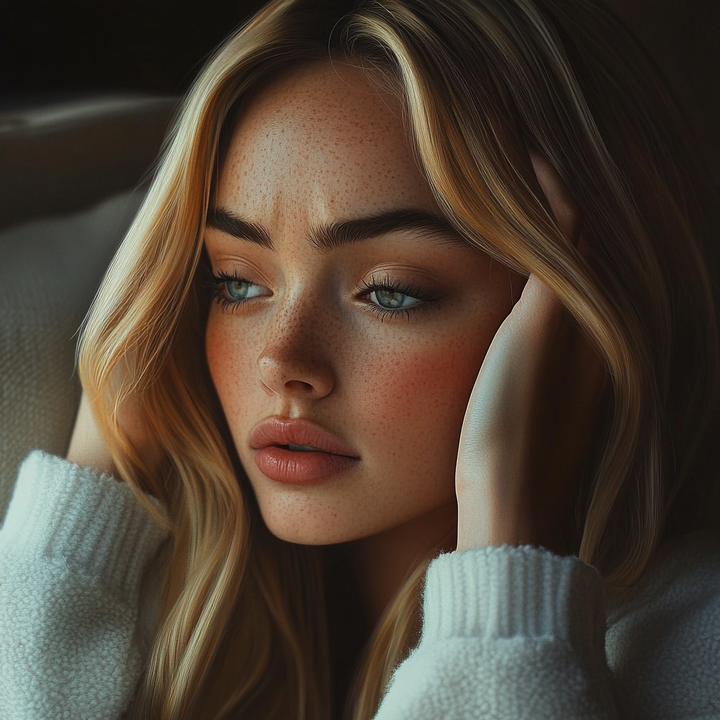 Une femme triste qui se tient la tête | Source : Midjourney