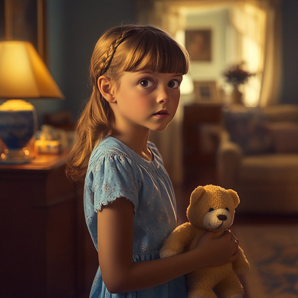 Une fillette curieuse tenant un ours en peluche | Source : Midjourney