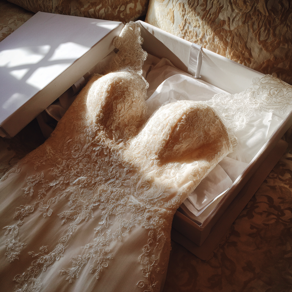 Une robe de mariée posée sur une boîte | Source : Midjourney
