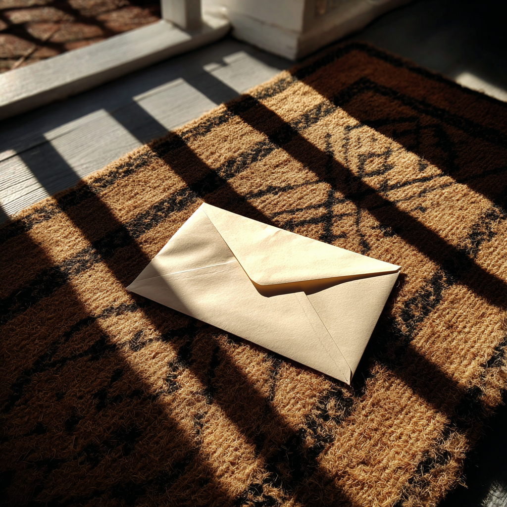 Une enveloppe sur un tapis de bienvenue | Source : Midjourney