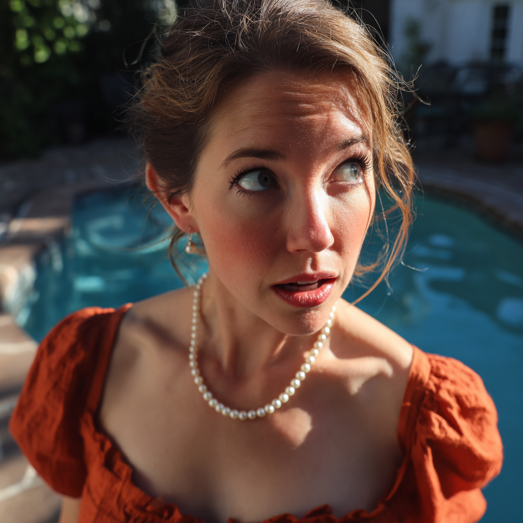 Une femme surprise debout près d'une piscine | Source : Midjourney