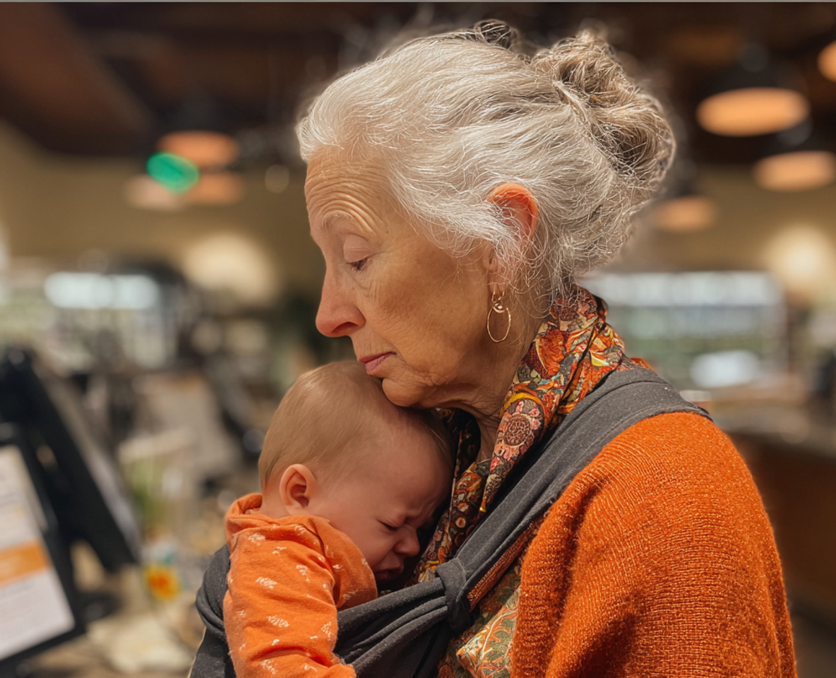 Une femme âgée accablée tenant un bébé en pleurs | Source : Midjourney