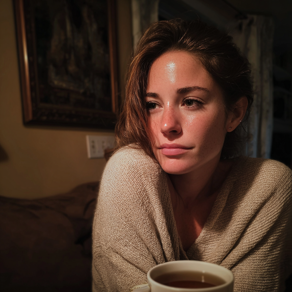 Une femme assise sur un canapé avec une tasse de thé | Source : Midjourney
