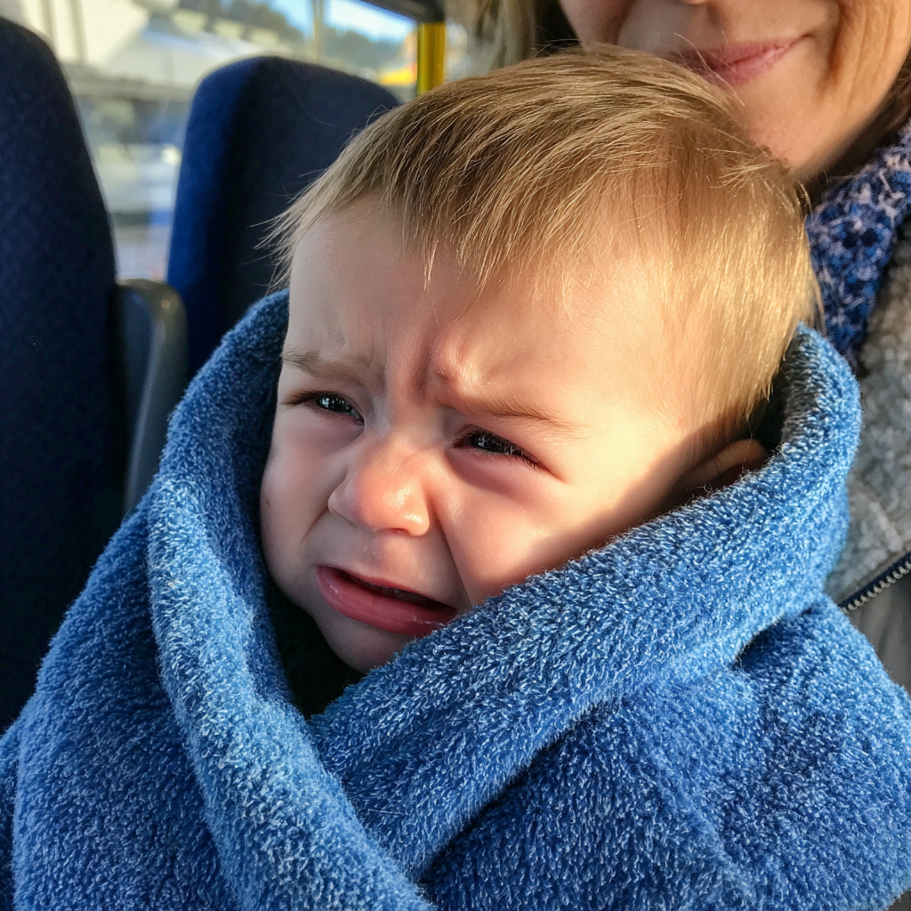 Un petit garçon bouleversé enveloppé dans une couverture bleue | Source : Midjourney