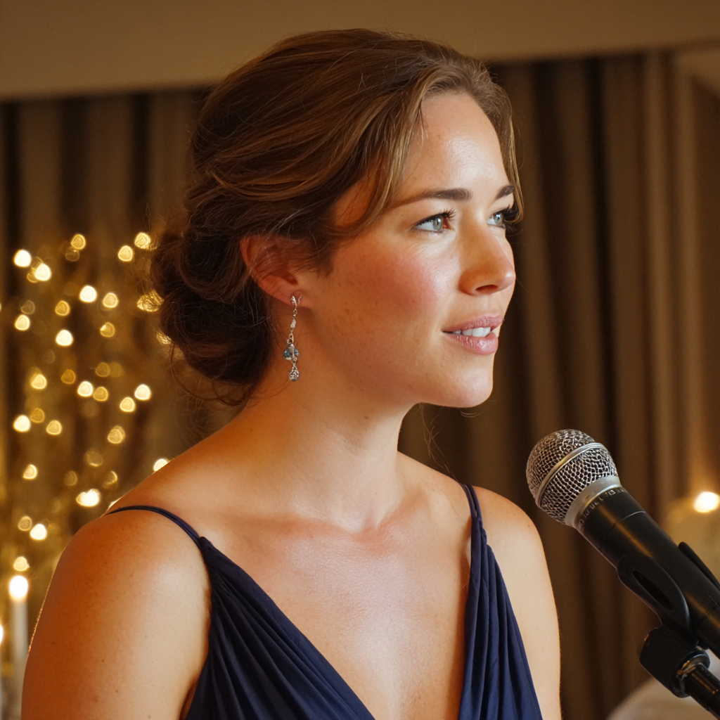 Une femme debout devant un micro | Source : Midjourney