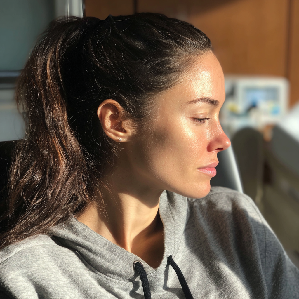 Une femme émotive assise dans un hôpital Source : Midjourney