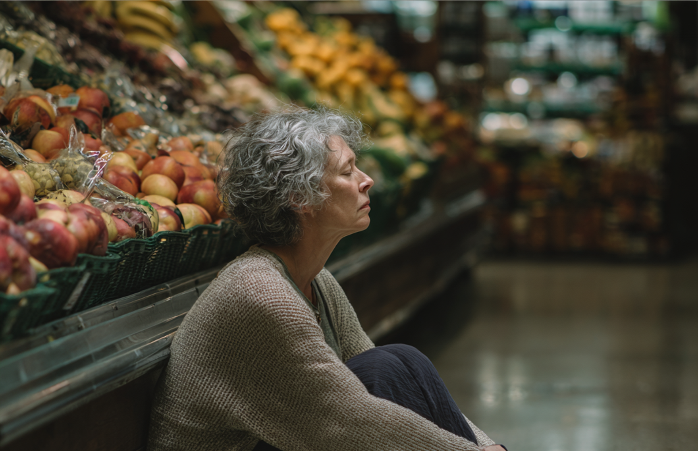 Une femme bouleversée assise sur le sol d'une épicerie | Source : Midjourney