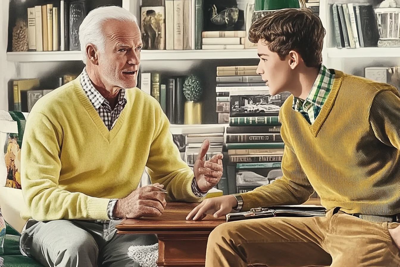 Un homme plus âgé parle à un jeune homme | Source : Midjourney