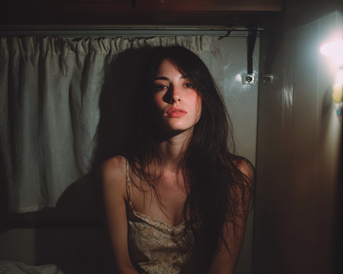 Une femme assise dans la chambre d'une caravane | Source : Midjourney