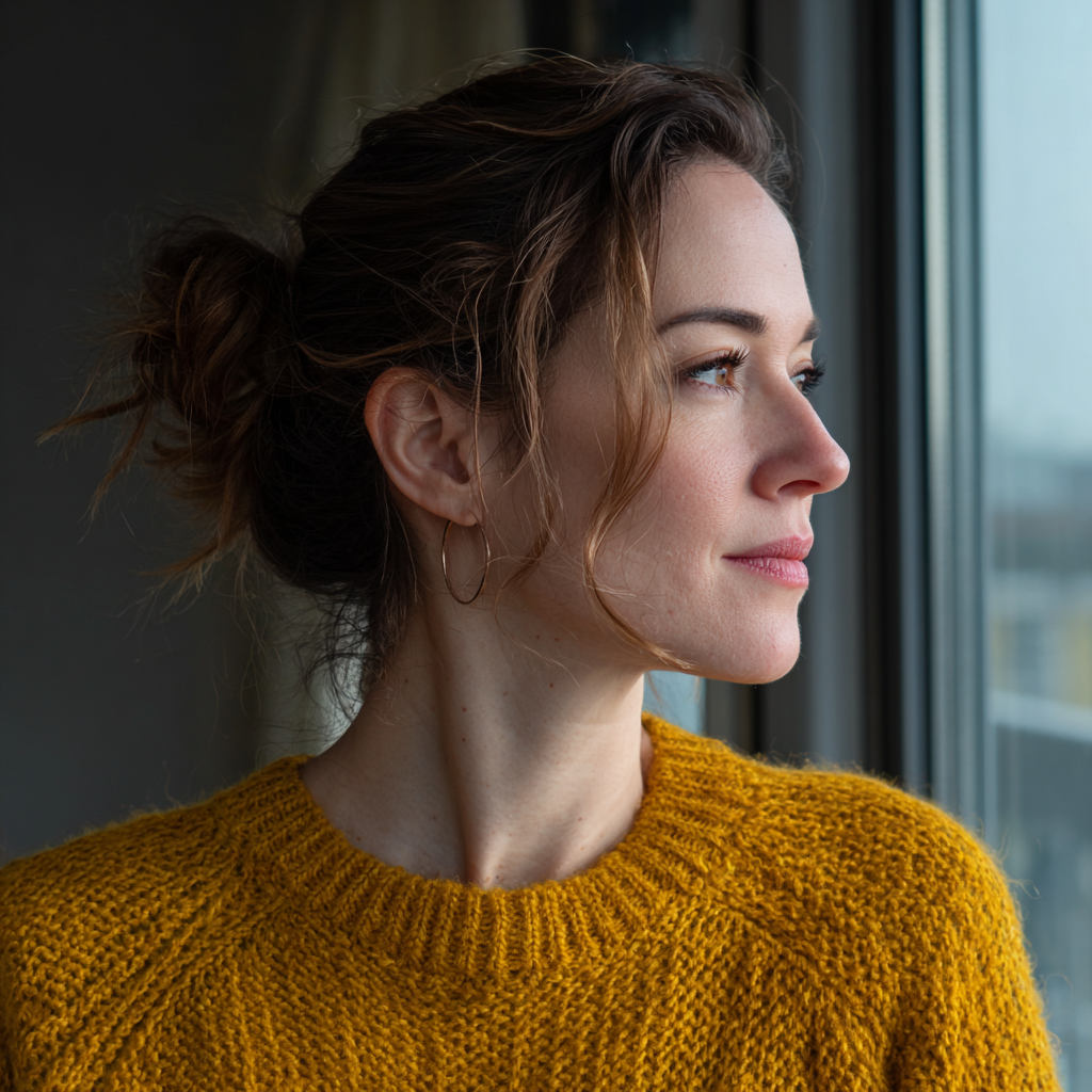 Une femme pensive qui regarde par la fenêtre | Source : Midjourney