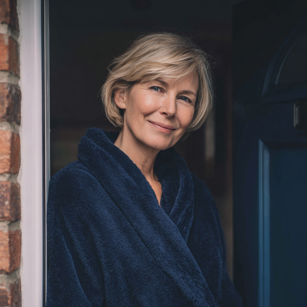 Une femme souriante devant sa porte d'entrée | Source : Midjourney