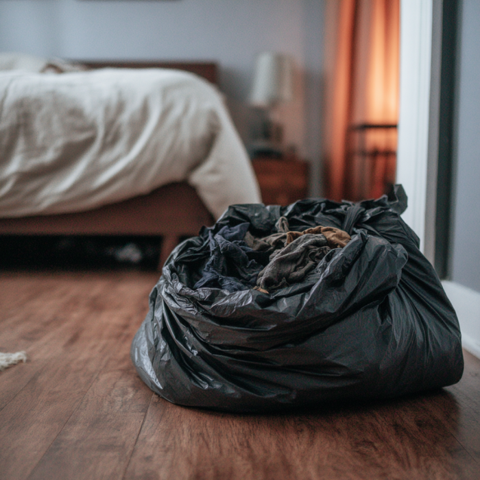 Un sac poubelle posé sur le sol de la chambre à coucher | Source : Midjourney