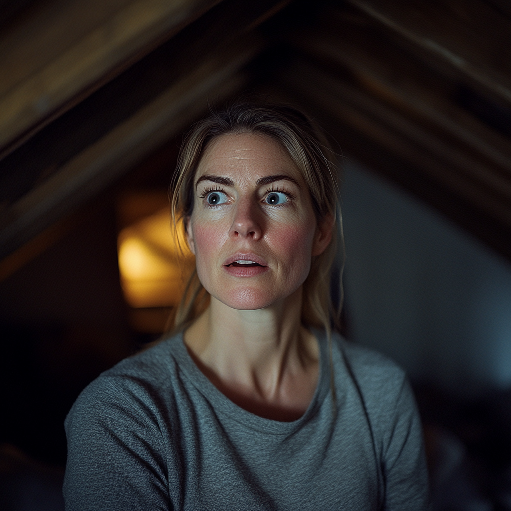 Une femme est stupéfaite alors qu'elle se tient debout dans un grenier | Source : Midjourney