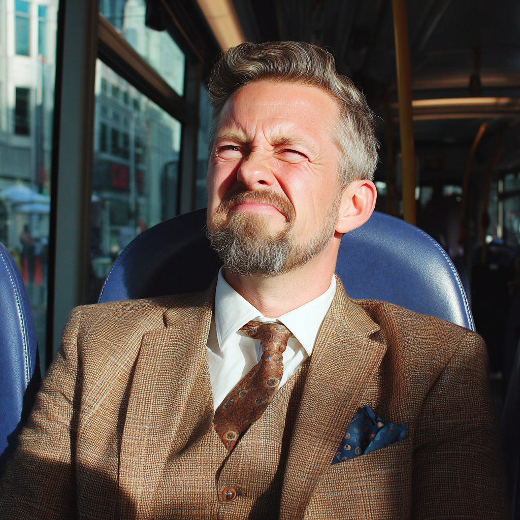 Un homme grimaçant assis dans un bus | Source : Midjourney
