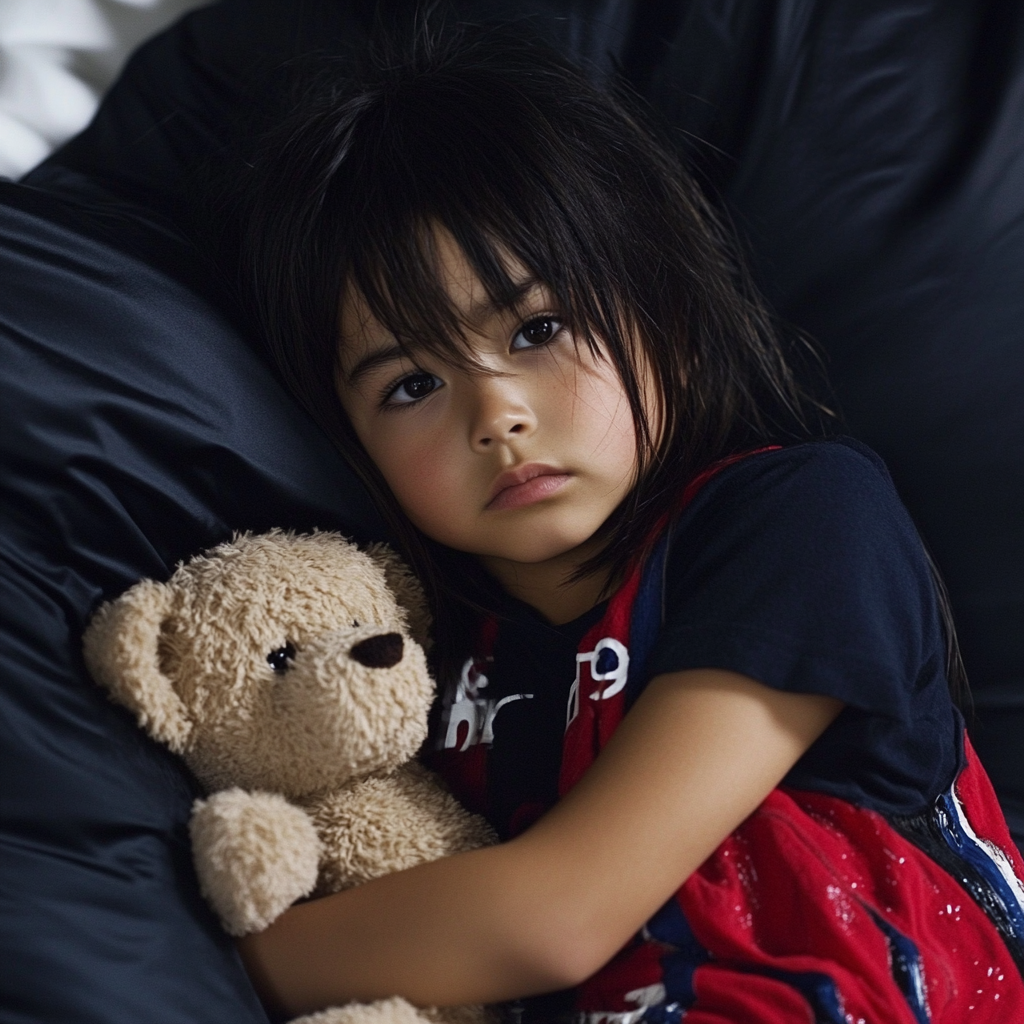 Une petite fille serrant son ours en peluche dans ses bras | Source : Midjourney