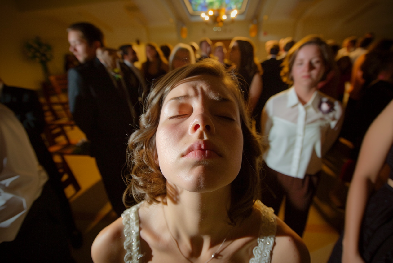 Une femme malade debout dans l'allée lors d'un mariage | Source : MidJourney