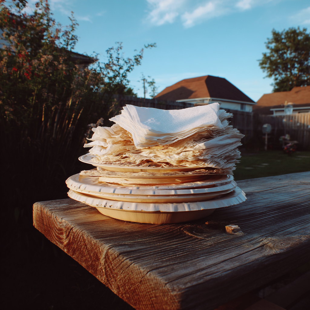 Une pile d'assiettes et de serviettes en papier usagées | Source : Midjourney