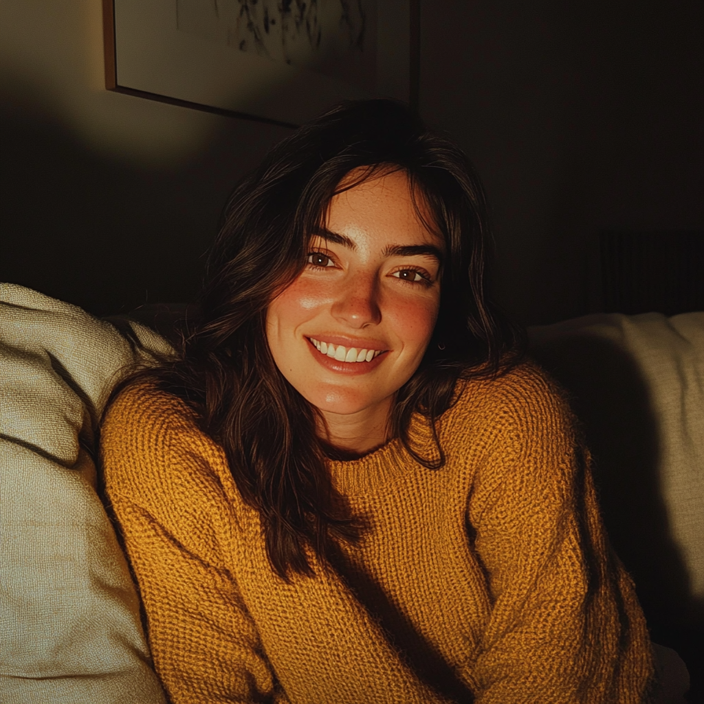 Une femme souriante assise sur un canapé | Source : Midjourney