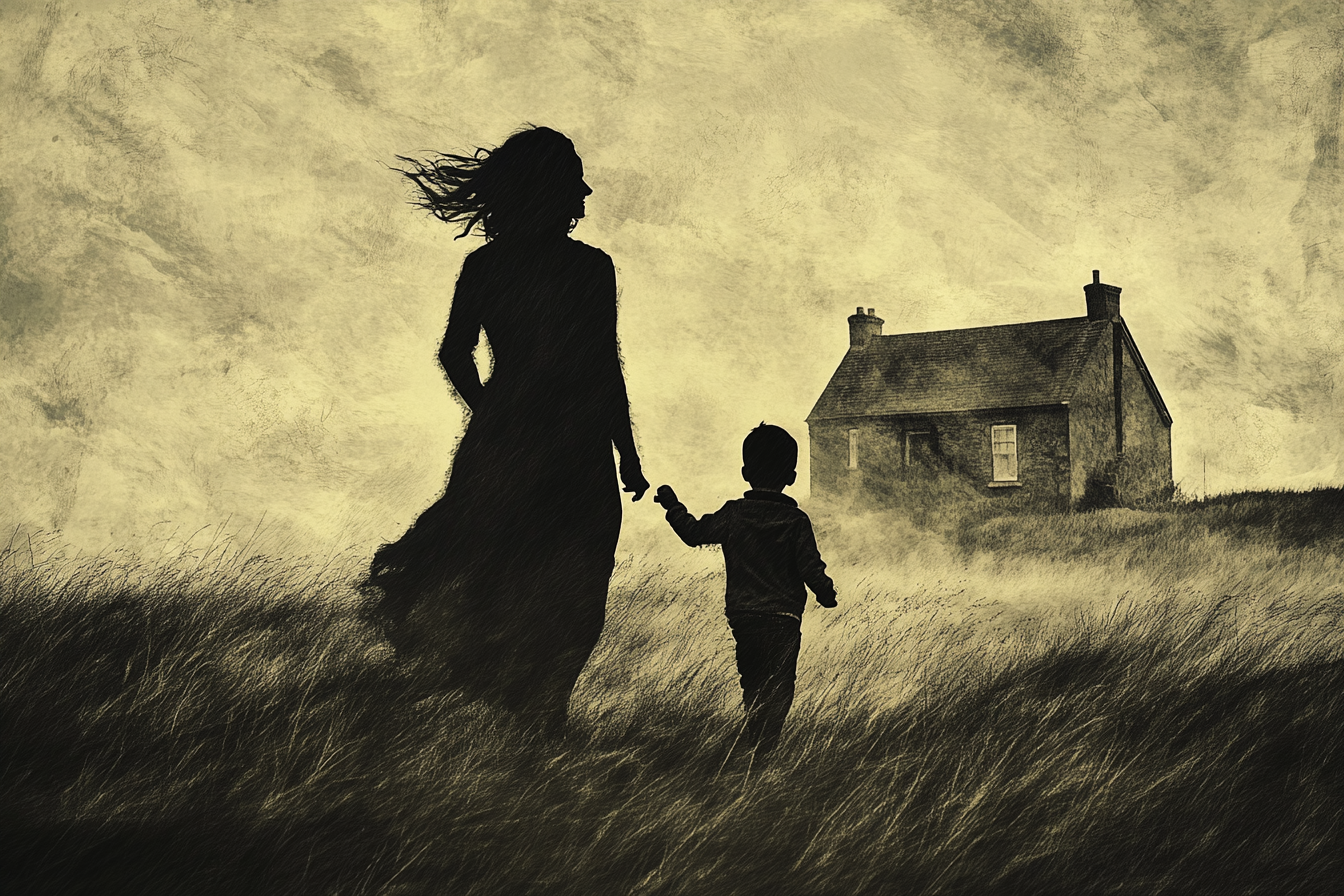 Une femme et un petit garçon marchant vers un chalet | Source : Midjourney