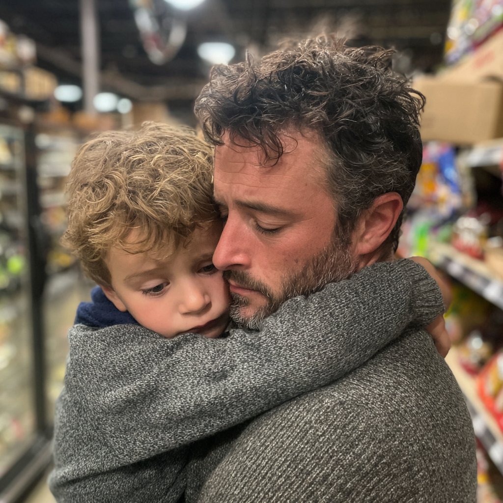 Un homme ému tenant son fils dans ses bras | Source : Midjourney