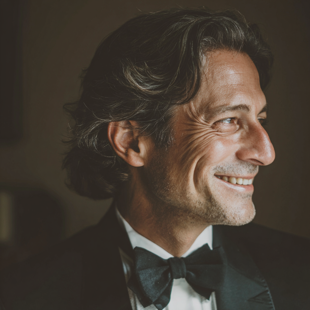 Un homme âgé souriant portant un smoking | Source : Midjourney