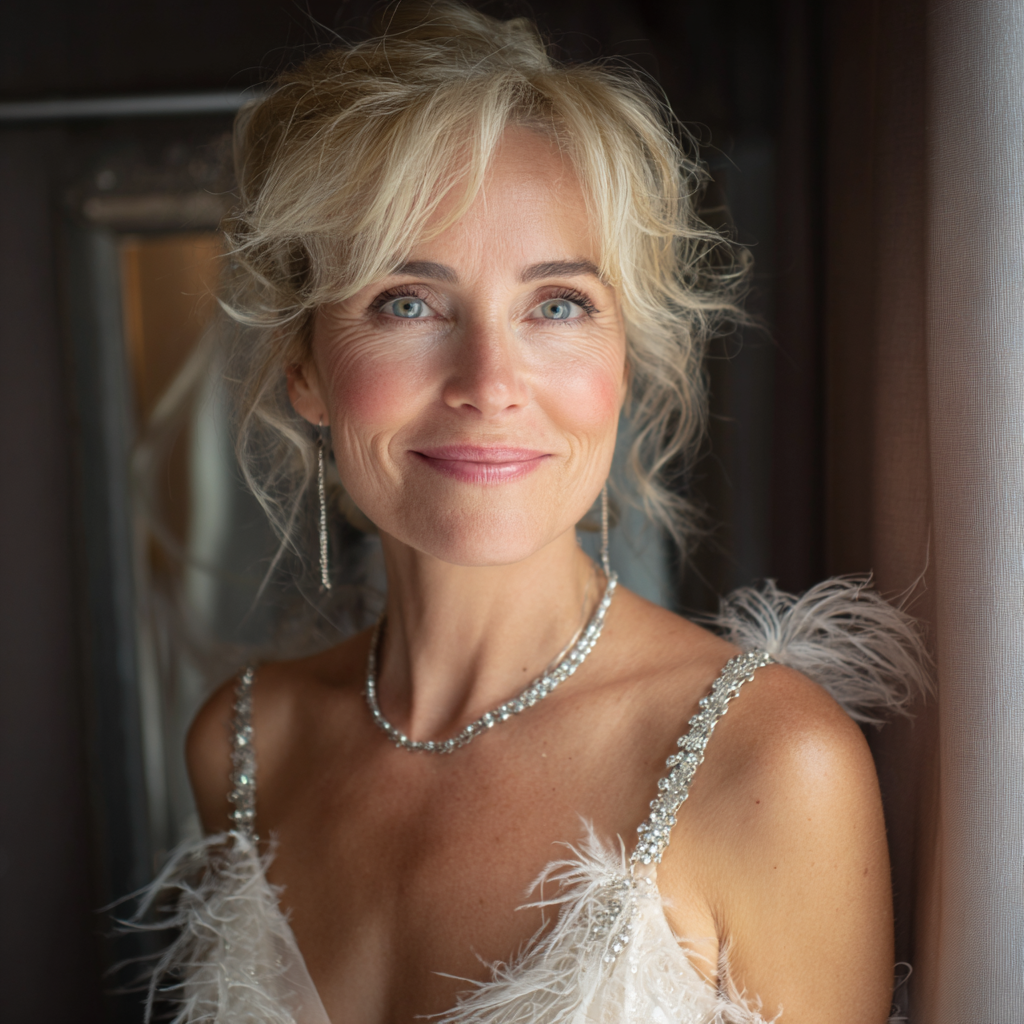 Une femme souriante dans une robe blanche | Source : Midjourney