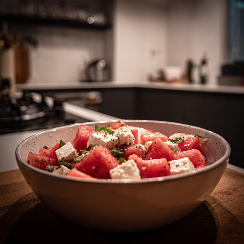 Un bol de salade de feta et de pastèque sur un comptoir de cuisine | Source : Midjourney