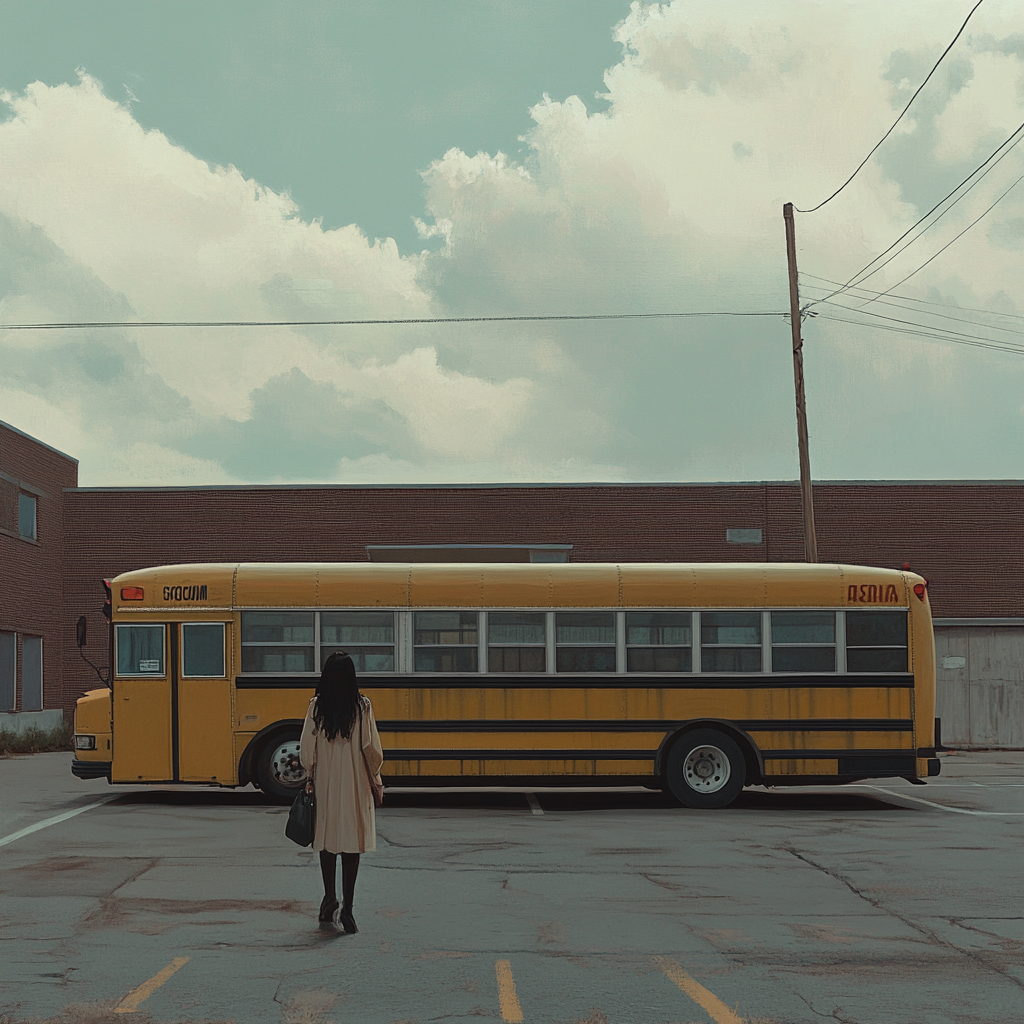 Lisa s'approche du bus | Source : Midjourney