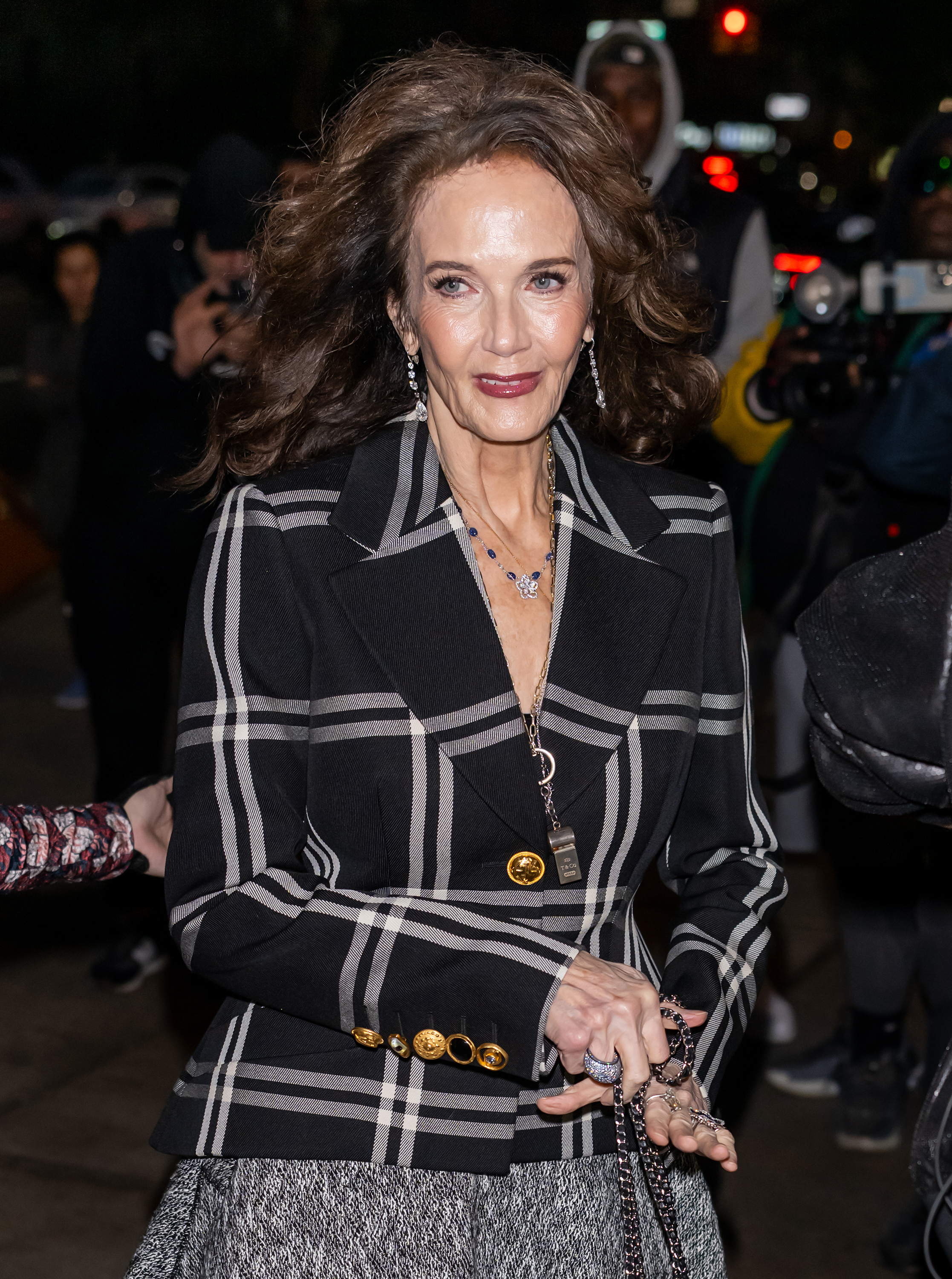 Lynda Carter arrive à une soirée vêtue d'un blazer noir ajusté à rayures écossaises audacieuses et boutons dorés imposants. Ses cheveux volumineux flottent dans la brise nocturne, tandis qu'elle accessoirise sa tenue avec des colliers superposés, des boucles d'oreilles pendantes et un assortiment de bagues, dégageant une élégance teintée d'audace.