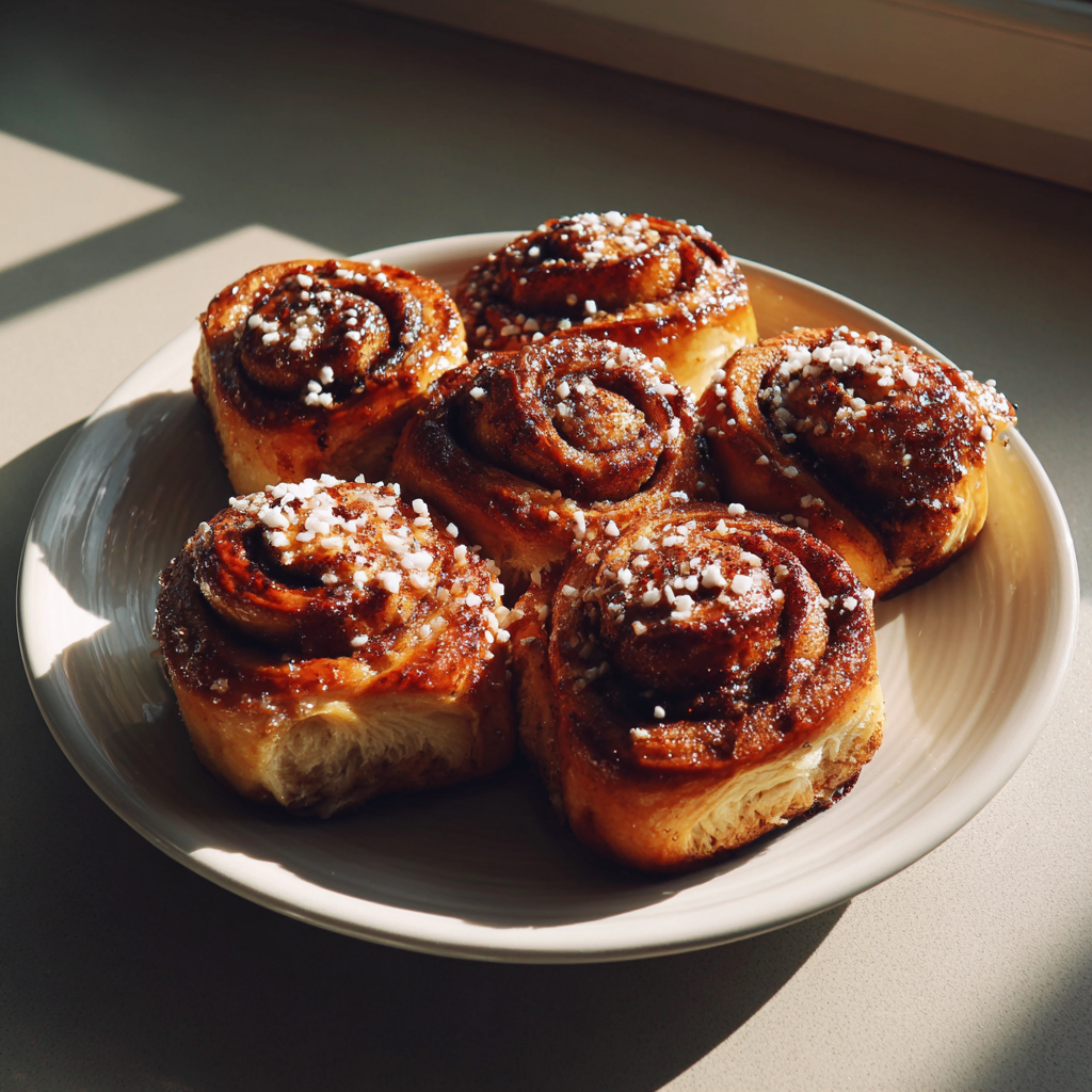 Des brioches fraîches à la cannelle sur une assiette | Source : Midjourney