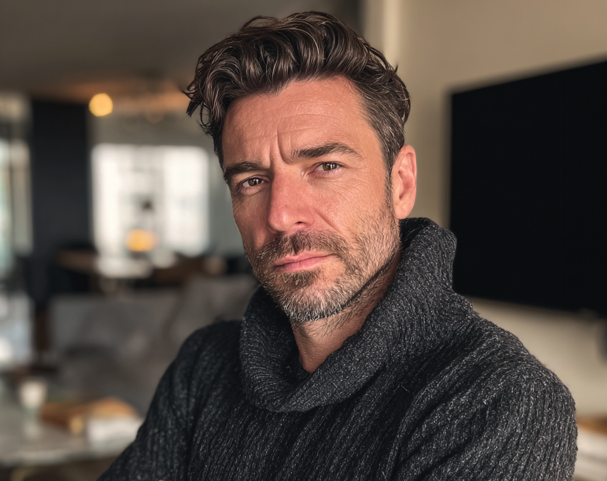 Un homme renfrogné portant un pull gris | Source : Midjourney