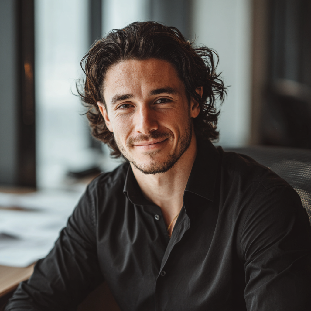 Un homme souriant portant une chemise formelle noire | Source : Midjourney