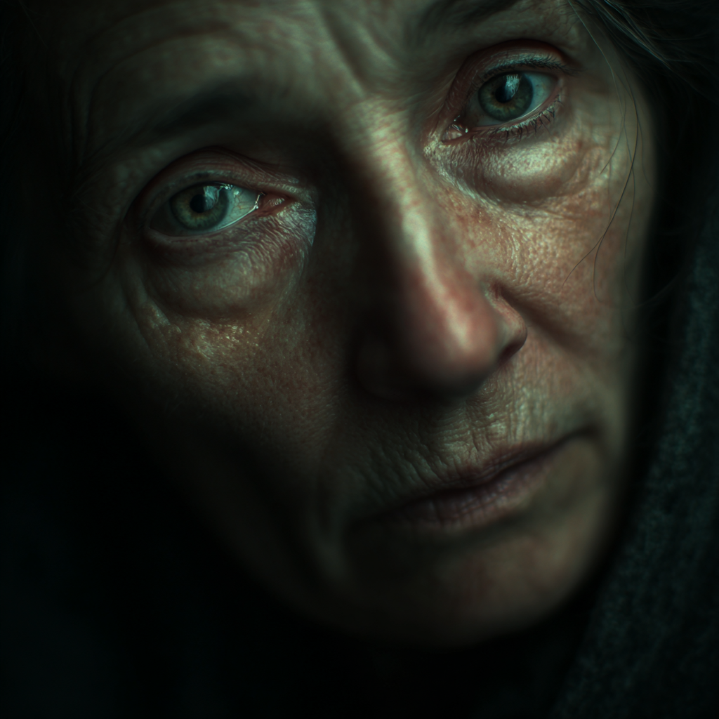 Une femme sans-abri aux yeux tristes | Source : Midjourney