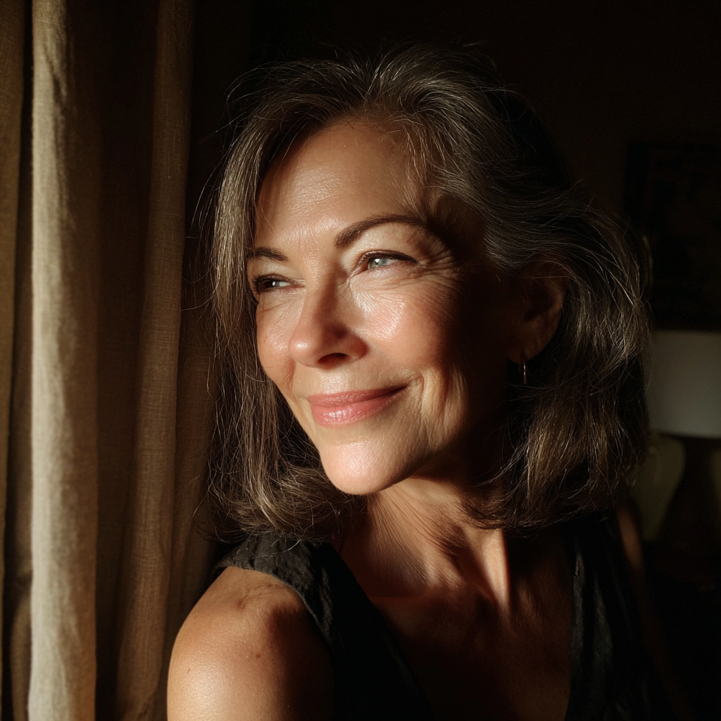 Une femme âgée souriante qui regarde par la fenêtre | Source : Midjourney