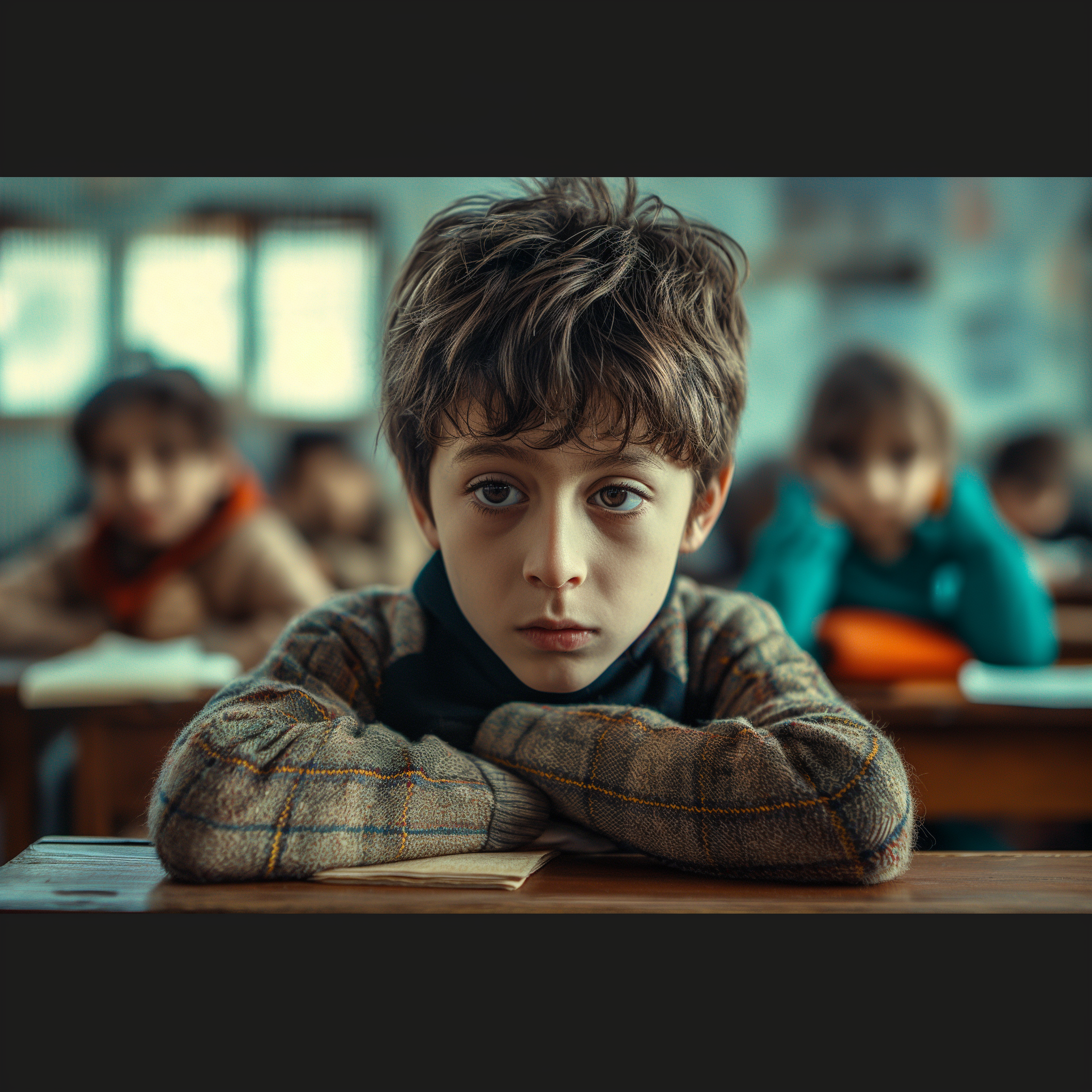 Un garçon triste dans une salle de classe | Source : Midjourney