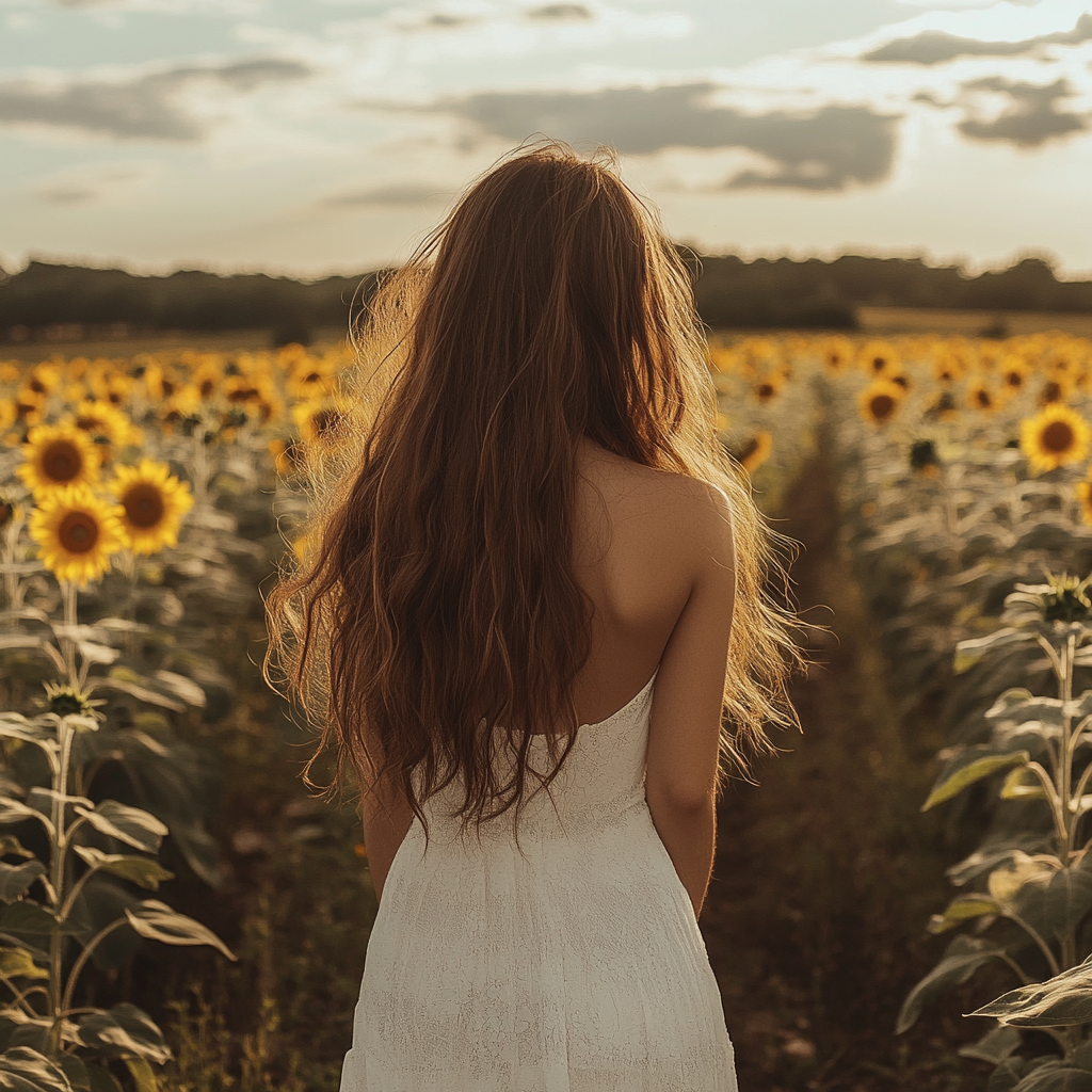 Une femme debout dans un champ de tournesols | Source : Midjourney