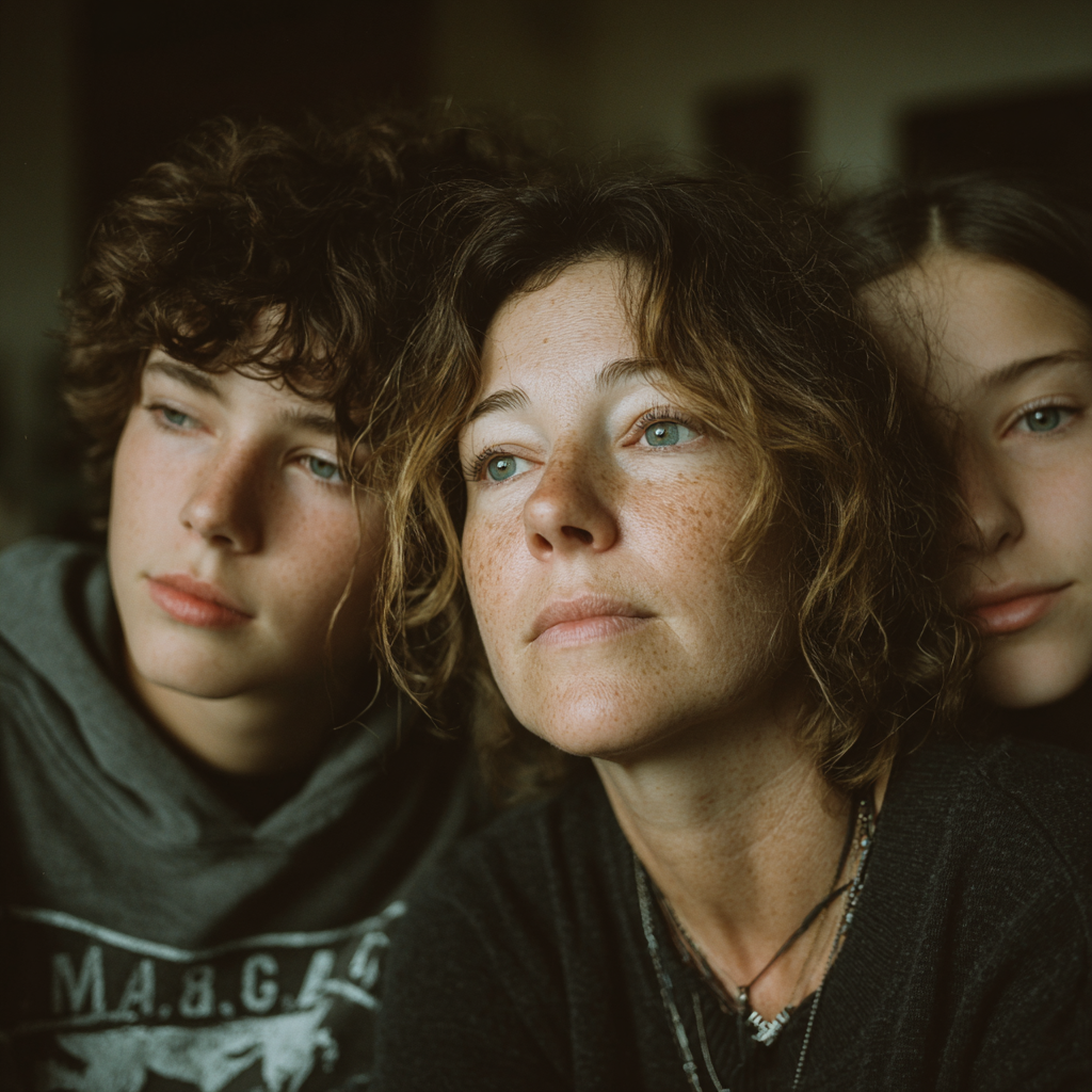 Deux adolescents réconfortent leur mère | Source : Midjourney
