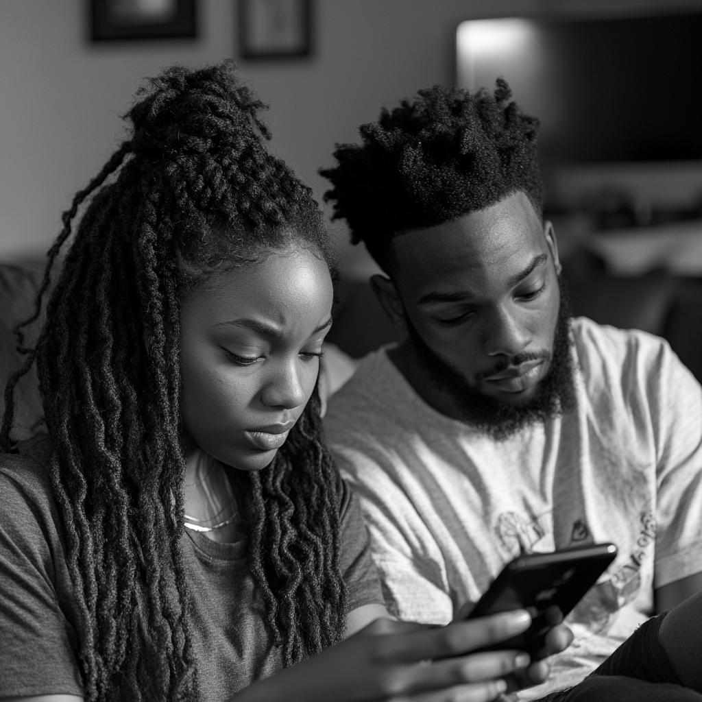 Les nouveaux propriétaires sur leur téléphone | Source : Midjourney