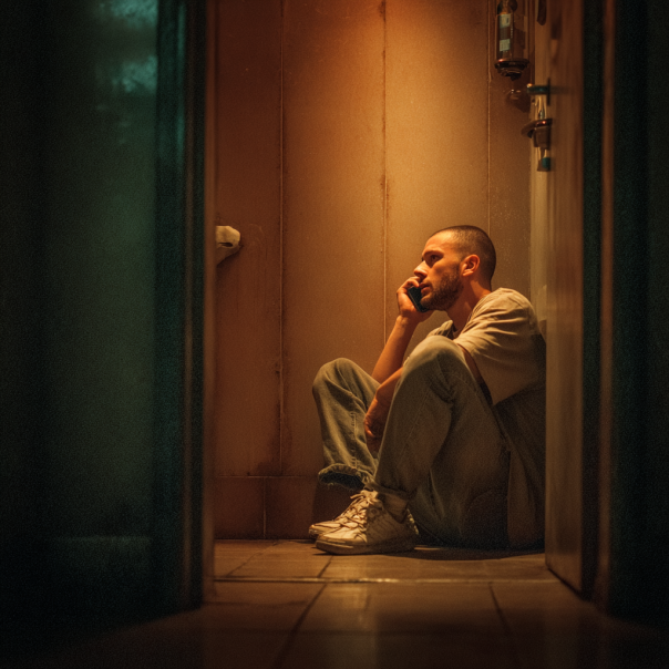 Un homme qui passe un appel téléphonique dans une salle de bain | Source : Midjourney