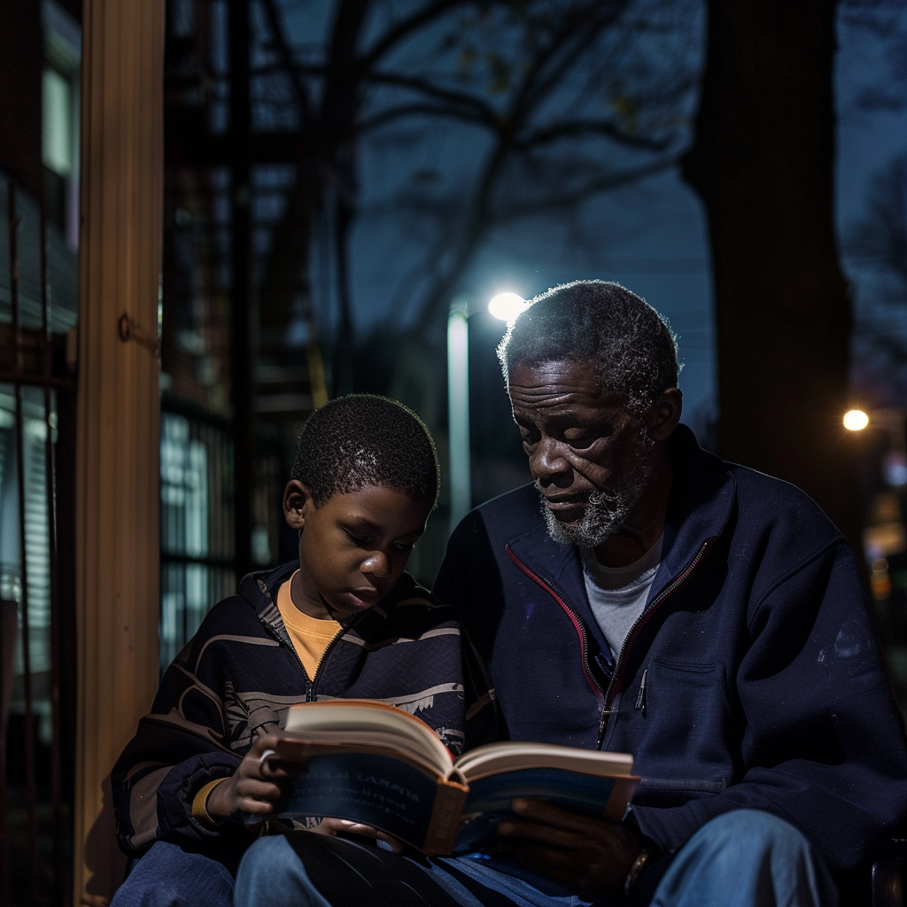 Un homme dans la rue qui apprend à un garçon à lire un livre | Source : Midjourney