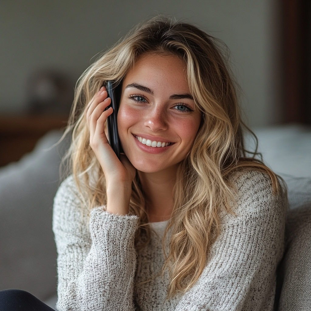Une femme qui sourit en parlant au téléphone | Source : Midjourney