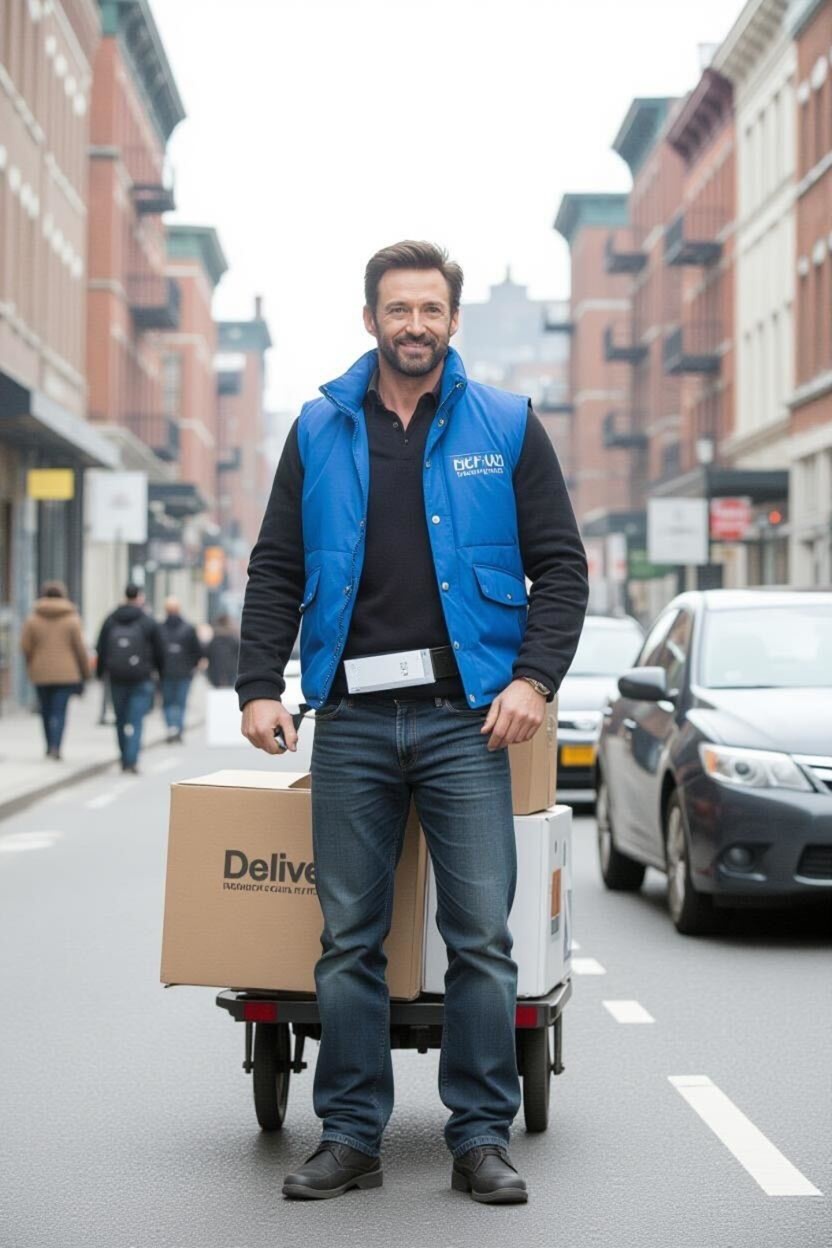 Une image générée par l'IA de Hugh Jackman en coursier | Source : Grok