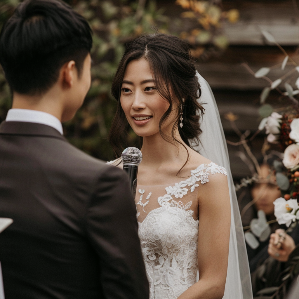 Une mariée heureuse prononçant ses vœux de mariage au marié | Source : Midjourney