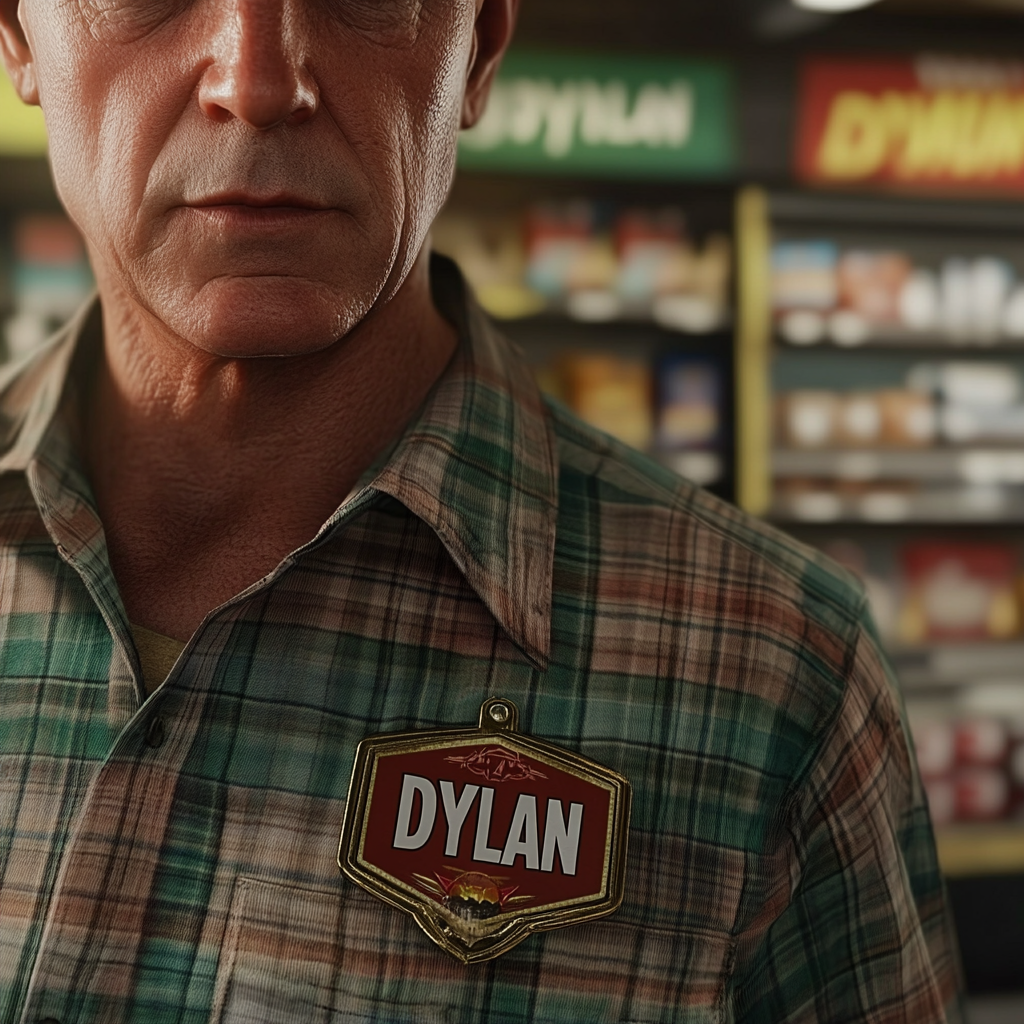 Un homme avec un badge nominatif épinglé à sa chemise | Source : Midjourney