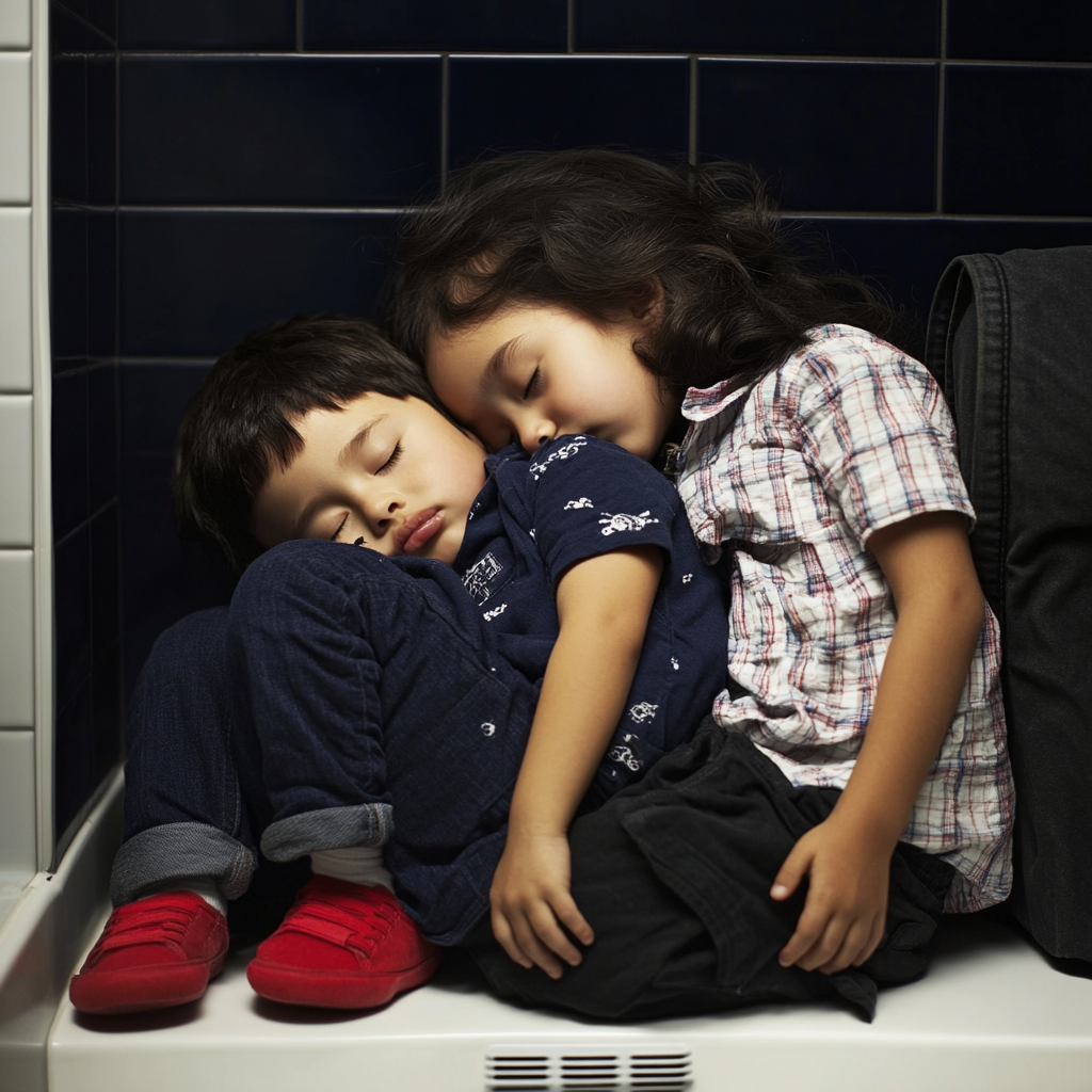 Deux enfants qui dorment sur le sol des toilettes | Source : Midjourney