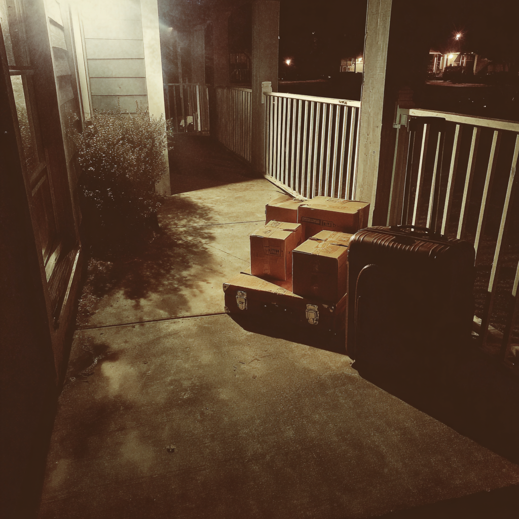 Des cartons et des valises déposés à l'extérieur d'une maison | Source : Midjourney