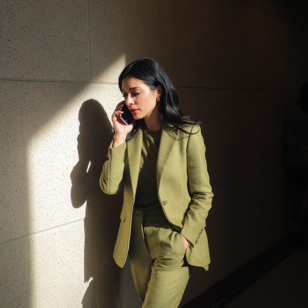 Une femme portant un tailleur pantalon vert | Source : Midjourney