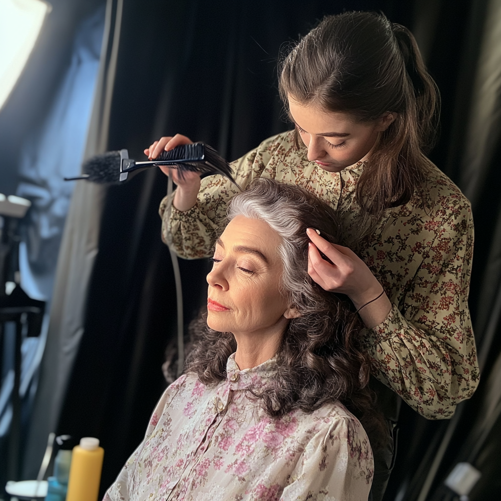 Une maquilleuse qui coiffe les cheveux d'une femme | Source : Midjourney