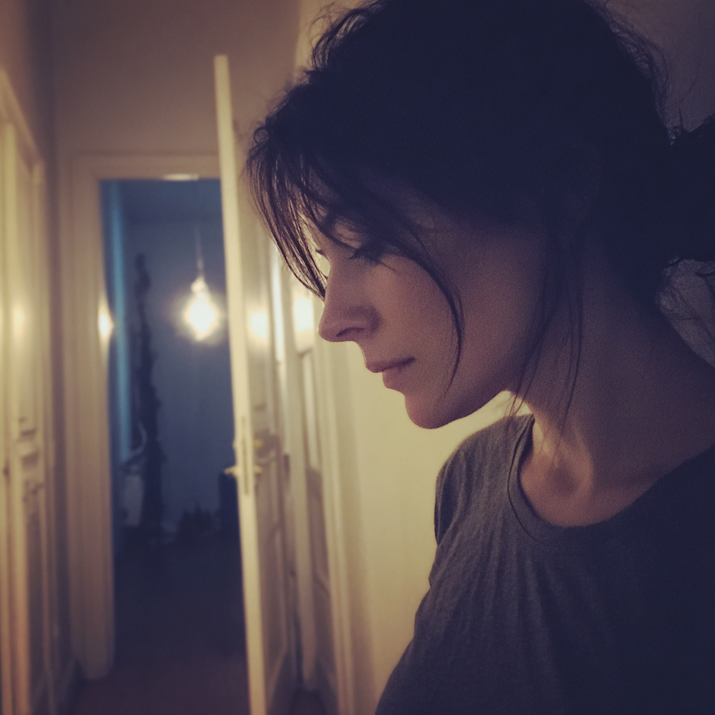 Une femme pensive debout dans le couloir d'une maison | Source : Midjourney