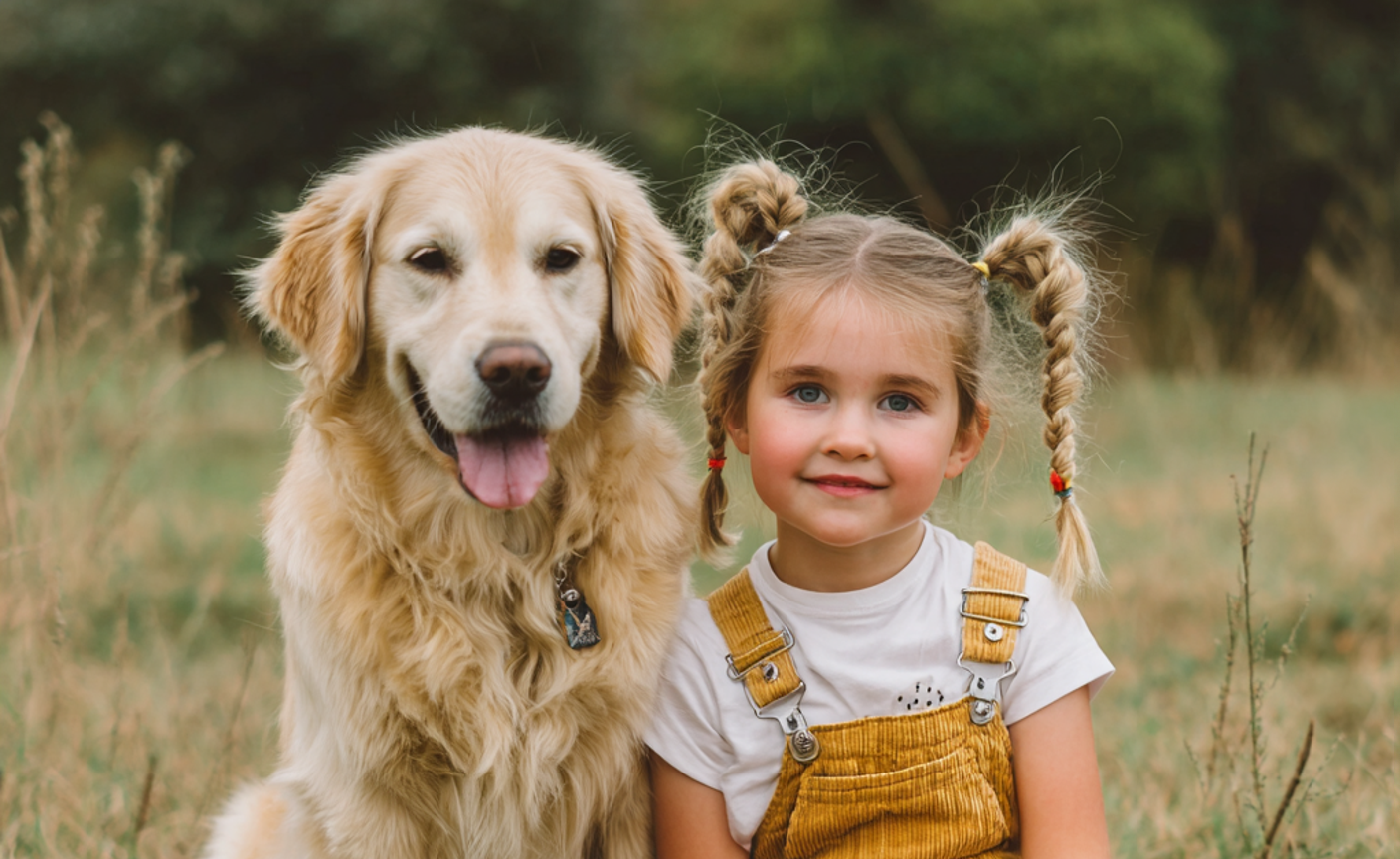 Une petite fille souriante assise avec un chien | Source : Midjourney